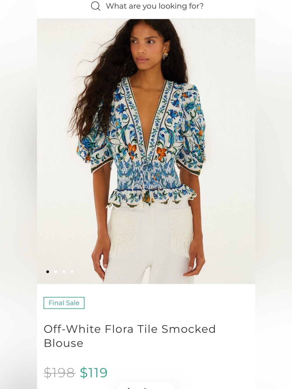 Farm Rio Floral Tile Smocked Blouse - Off-White & Blue